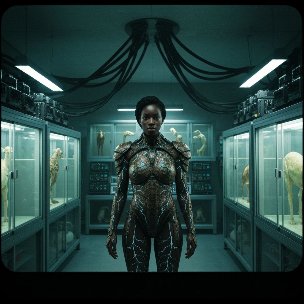 Cyberpunk Woman in Neuralink Lab with Lizard Armor