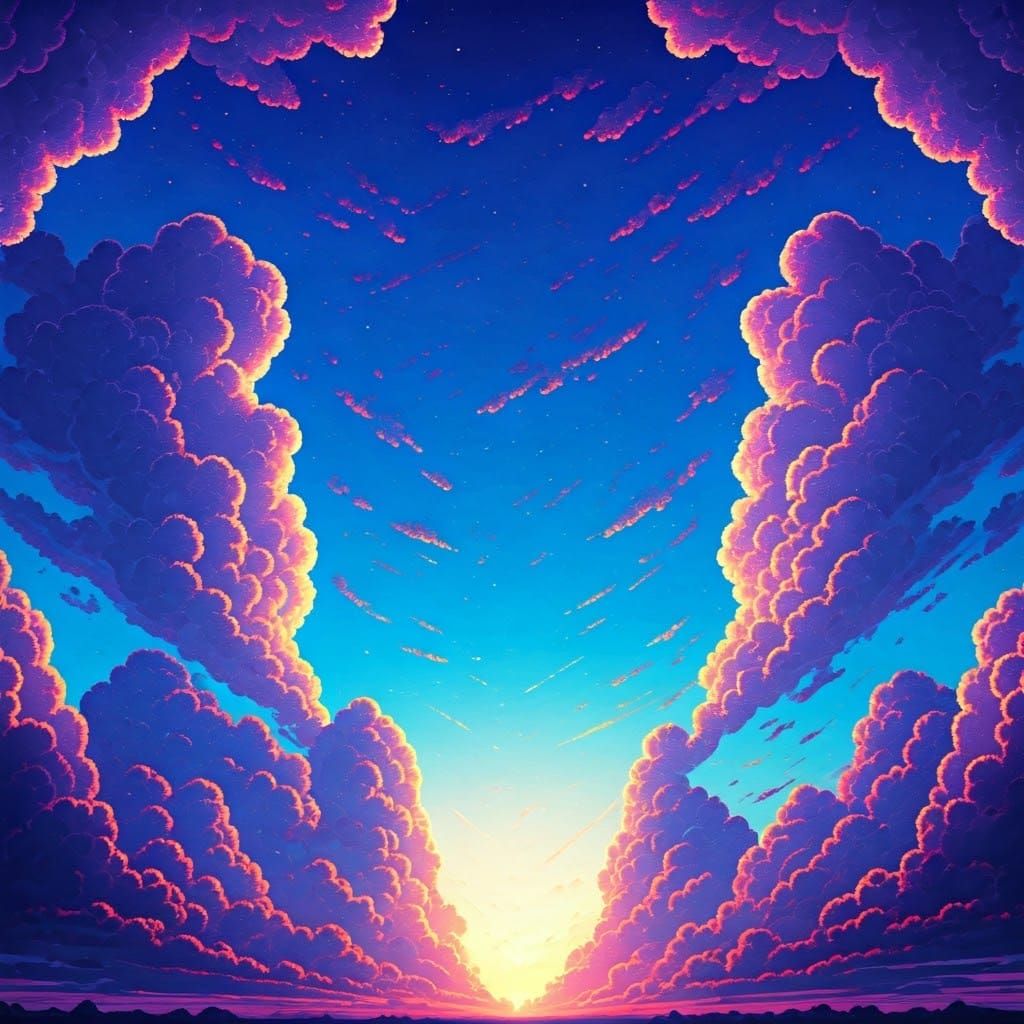 Vibrant Blue Sky with Glistening Sunbeams in Mixed Media