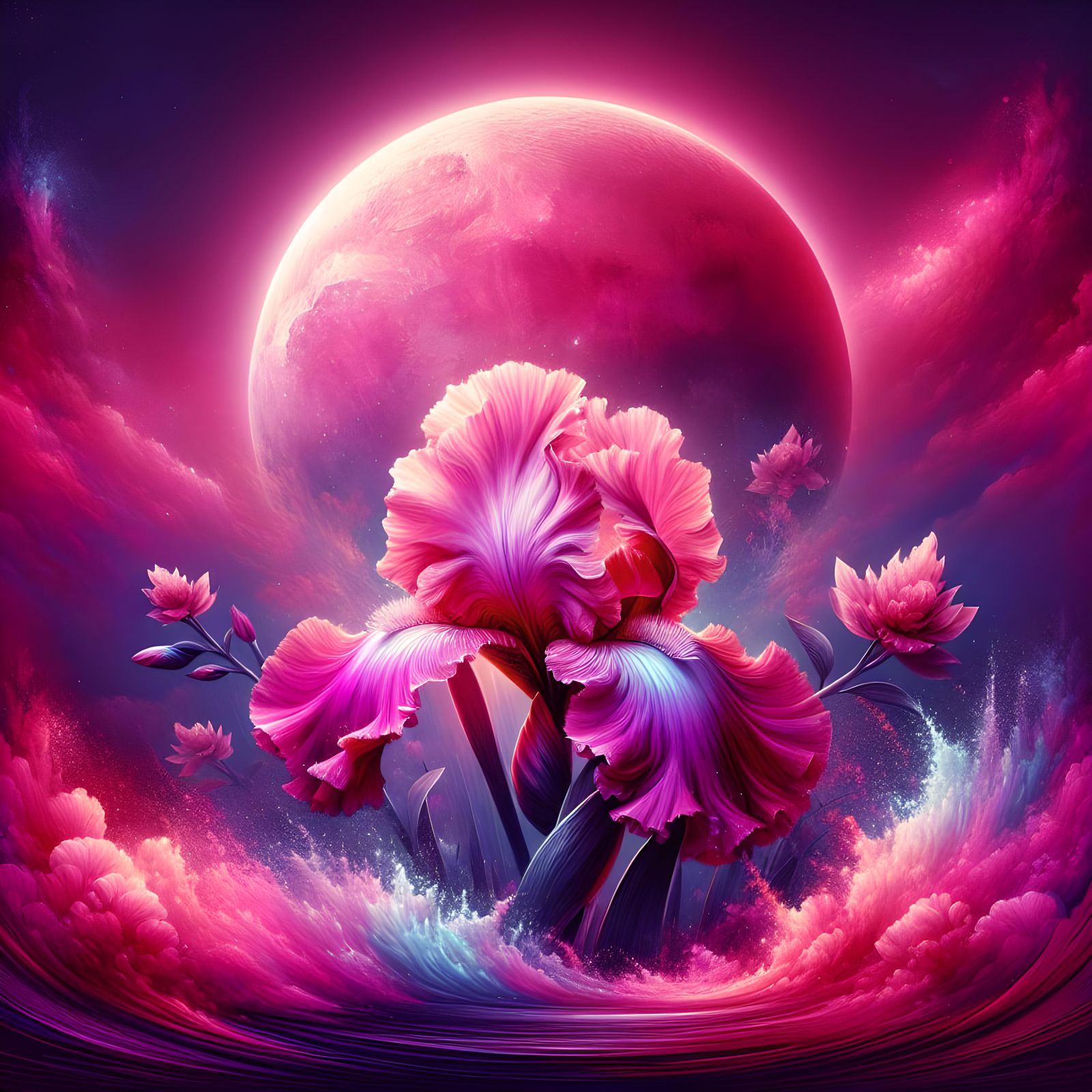 Pink Iris with Full Moon in Splash Art Style