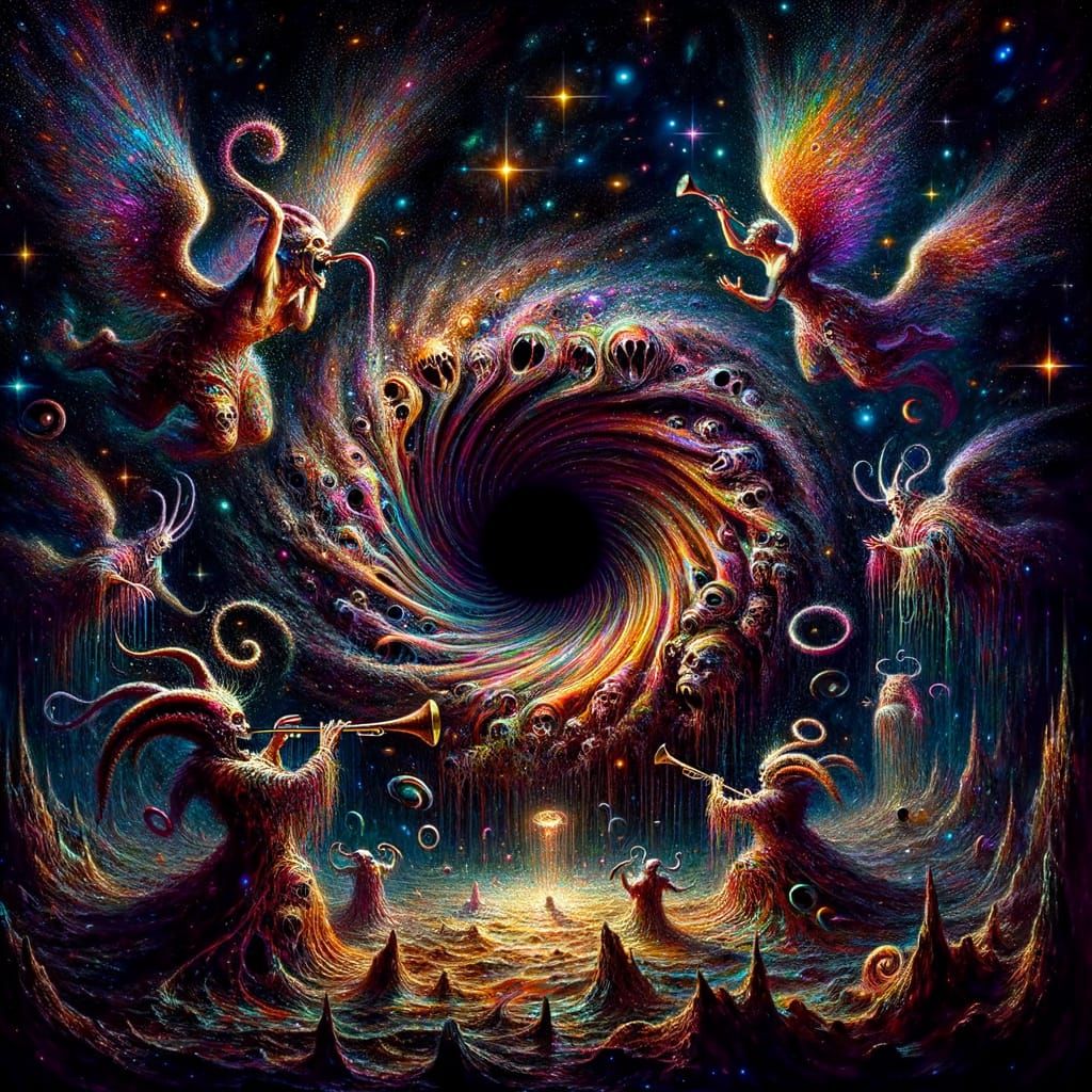 Cosmic Horror: Rainbow Tentacle Black Hole in Surreal Style