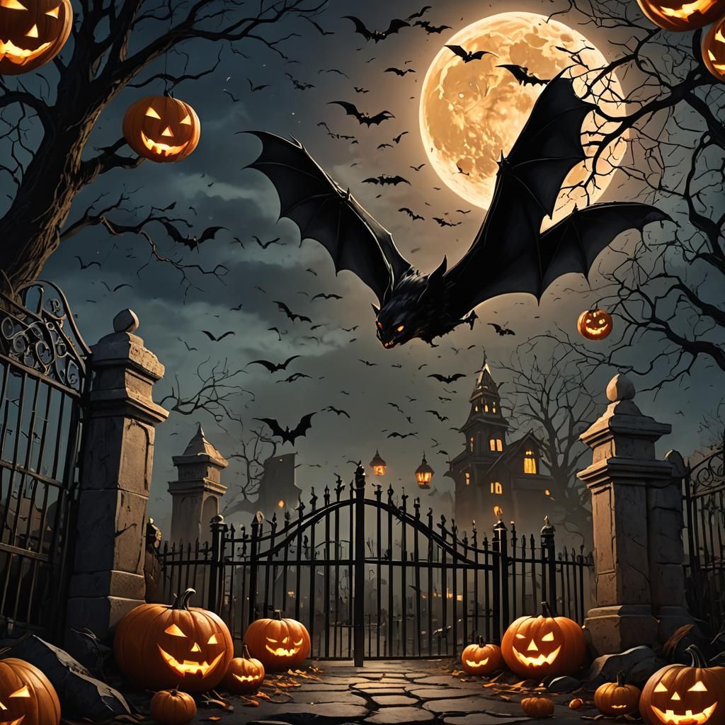 Eerie Halloween Bat Silhouette with Moon and Cemetery