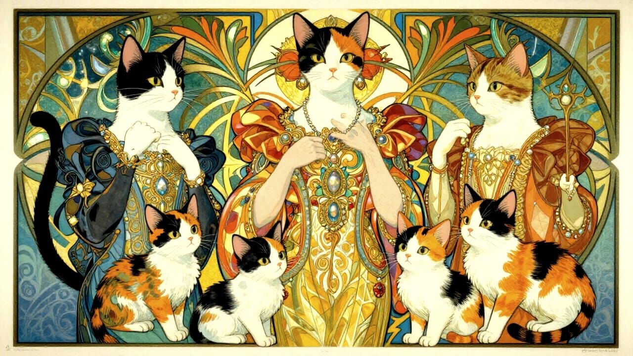 Art Deco Calico Cats and Kittens in Imperial Attire