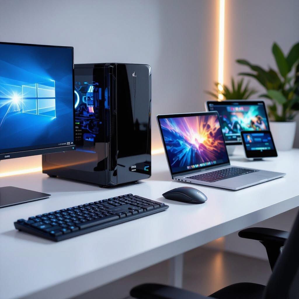 Modern Tech Setup: Tower PC, Laptop, Tablet, and Smartphone