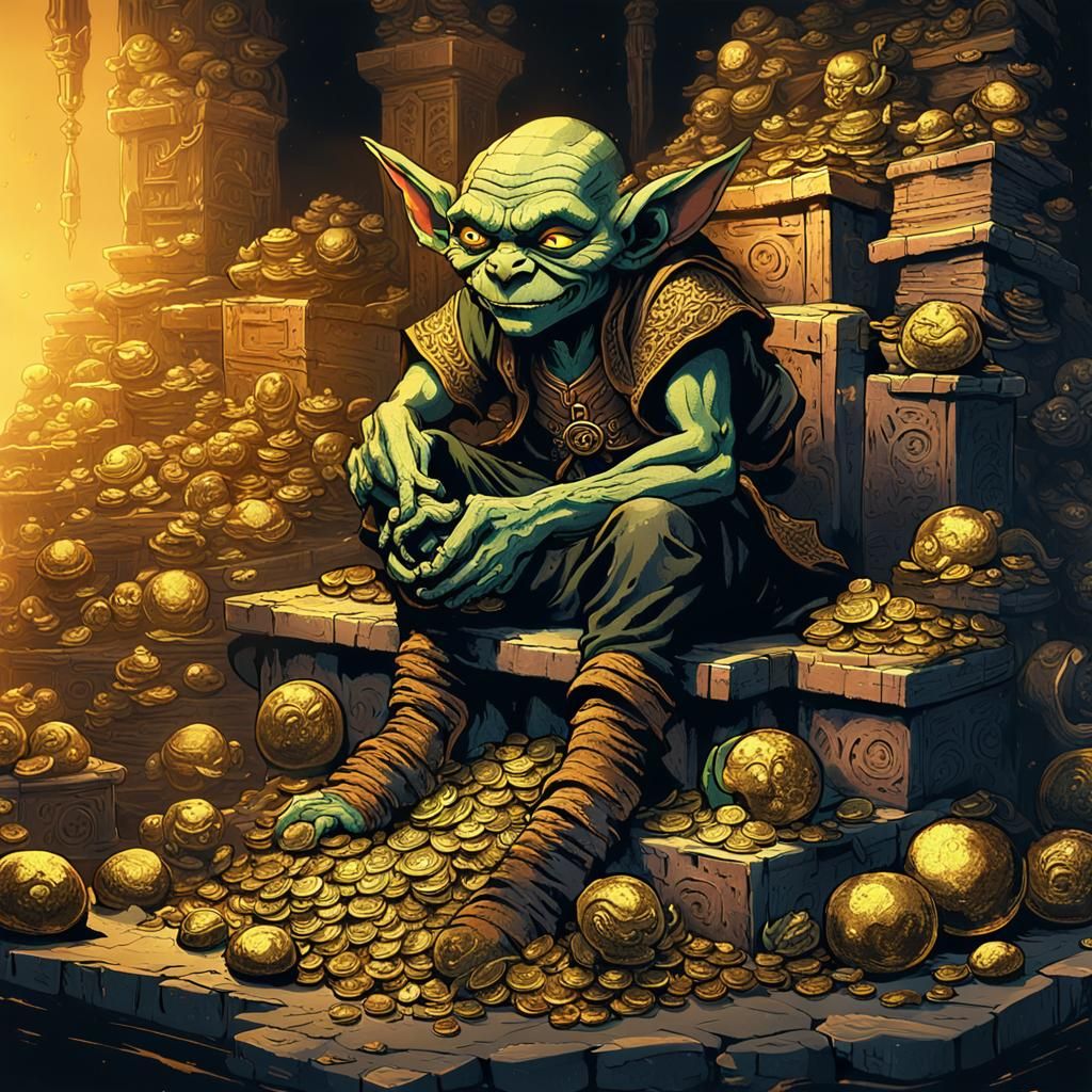 Manga Goblin on Treasure Pile with Dramatic Lighting