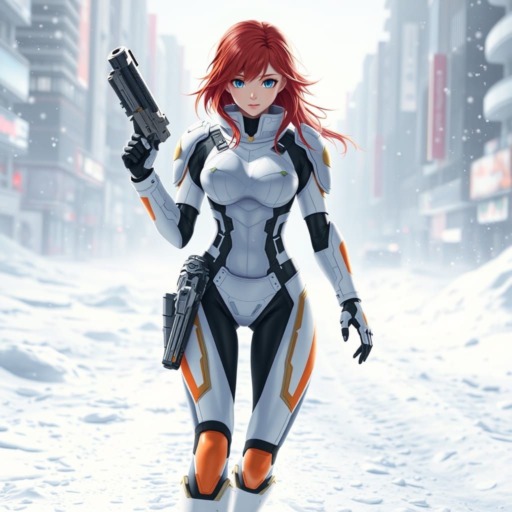 Red-Haired Cyberpunk Warrior in Snowy Cityscape