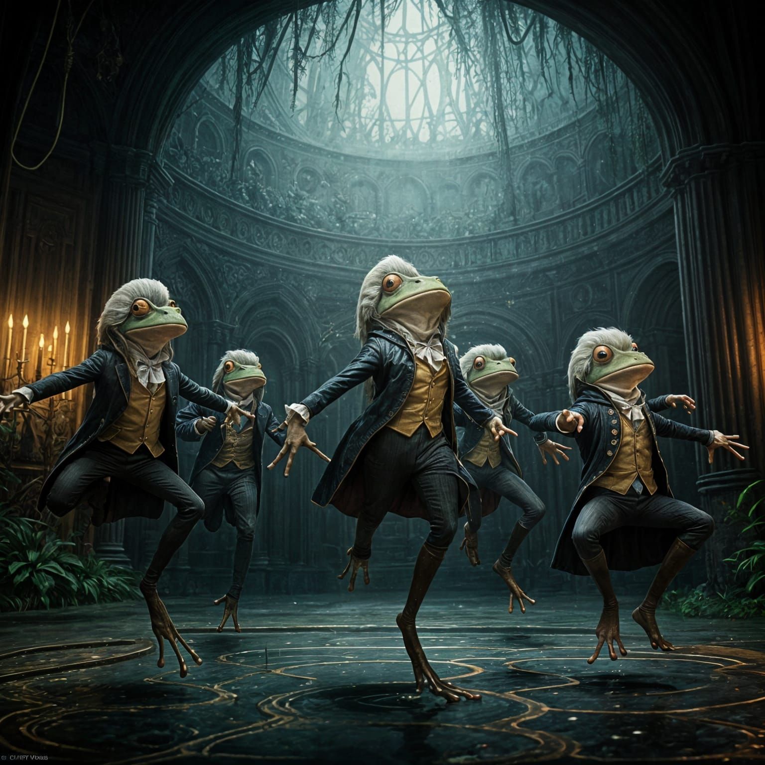 Victorian Era Frogs in Elegant Dance Pose