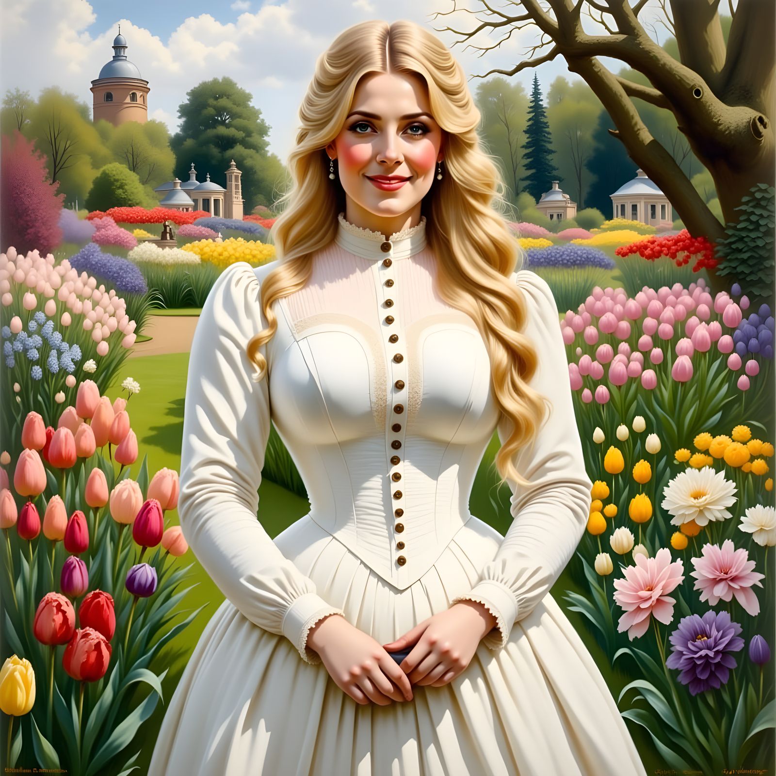 Victorian Curvy Beauty in a Field of Tulips