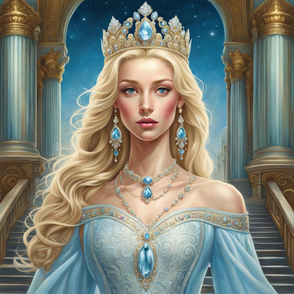 Princess with Tiara on Palace Steps in Art Nouveau