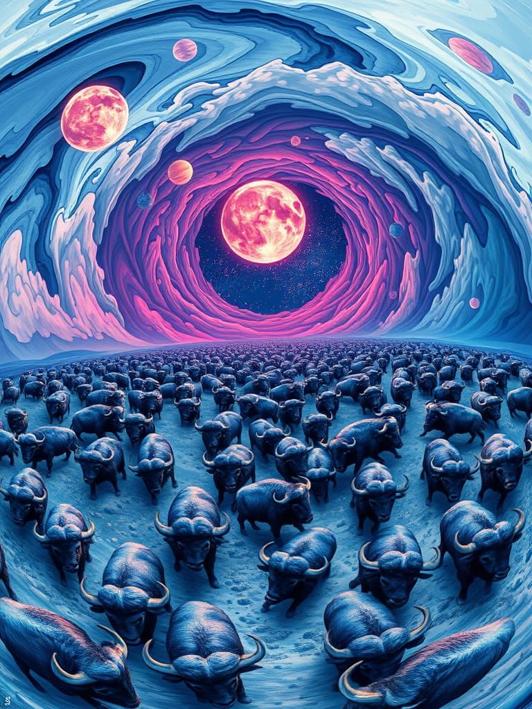 Neon Buffalo Herd in Psychedelic Landscape