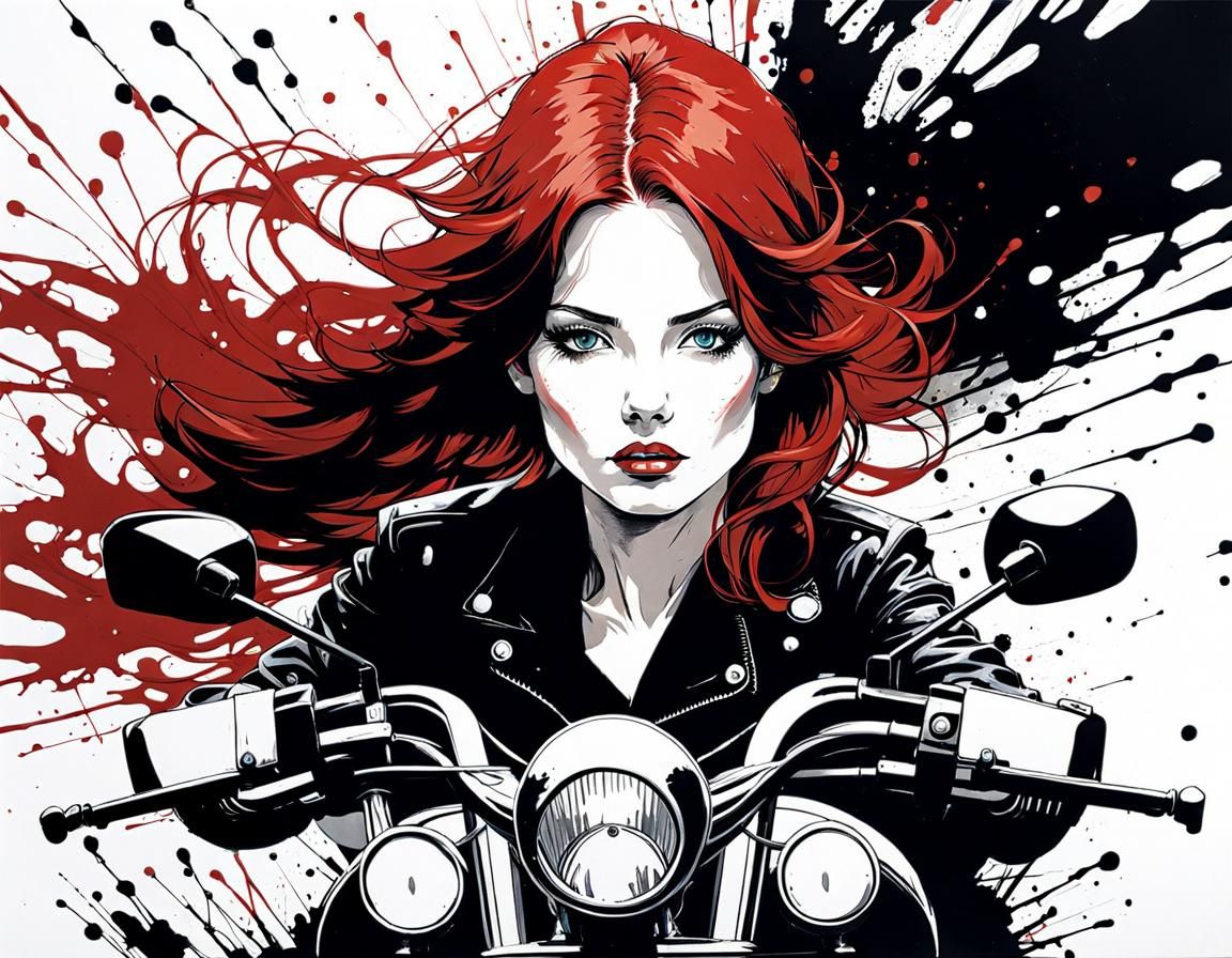 Ink Splatter Portrait of Redhead on Motorcycle