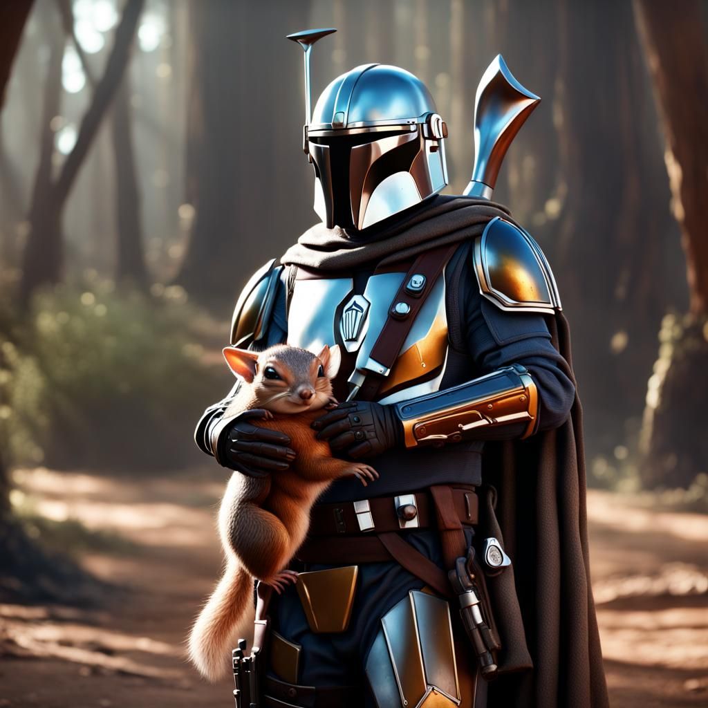 Mandalorian Holding Squirrel: Hyperrealistic Digital Art