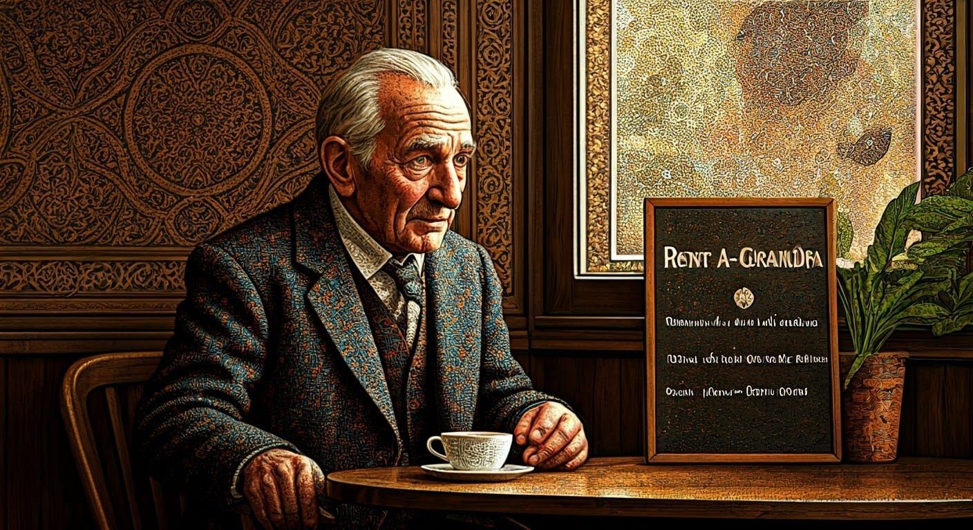 Rent-A-Grandpa at Coffee Shop in Pointillism Style