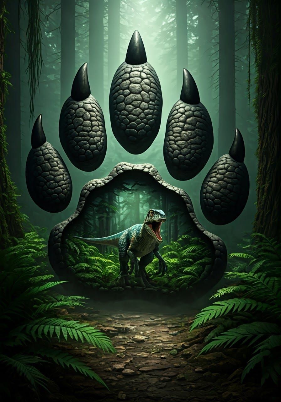 Velociraptor's Paw Print in Primeval Forest, 3D Render