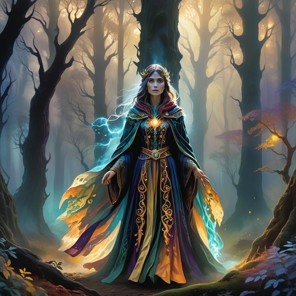 Mystical Sorceress in Enchanted Forest Concept Art
