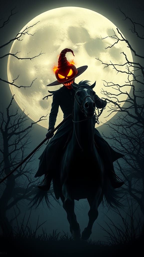 Headless Horseman with Flaming Jack-o-Lantern Head on Blood ...