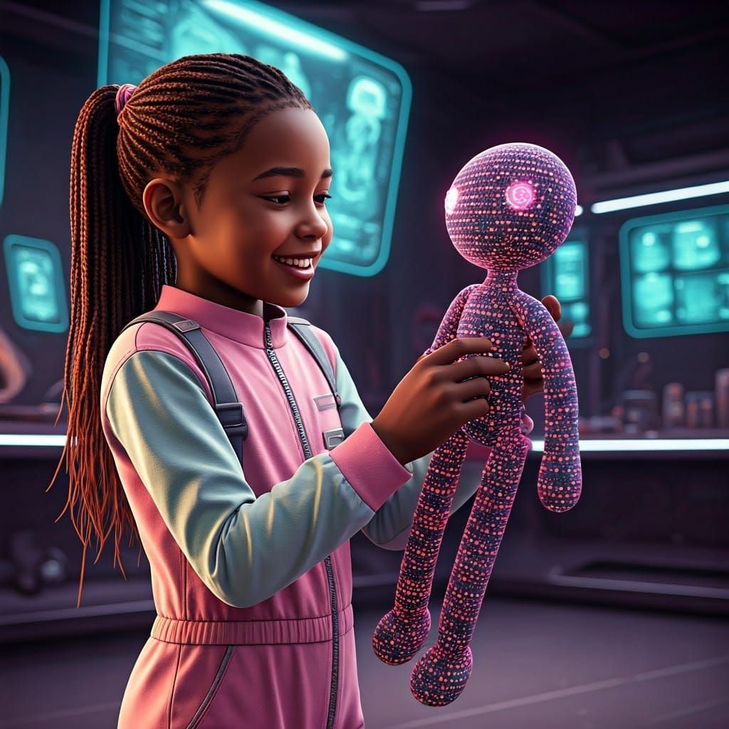 Girl Plays with Robotic Doll in Futuristic Room