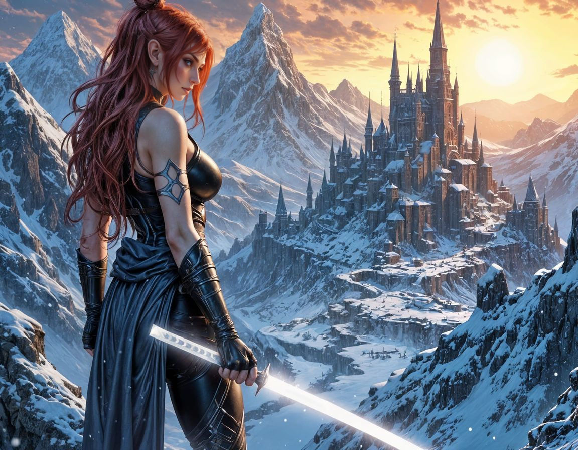 Elven Ninja Warrior on Snowy Peak in Dark Fantasy Style