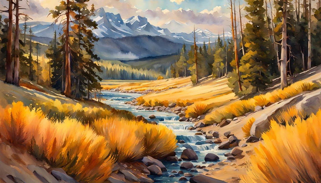 Yellowstone Park Landscape in Watercolor Gouache Style