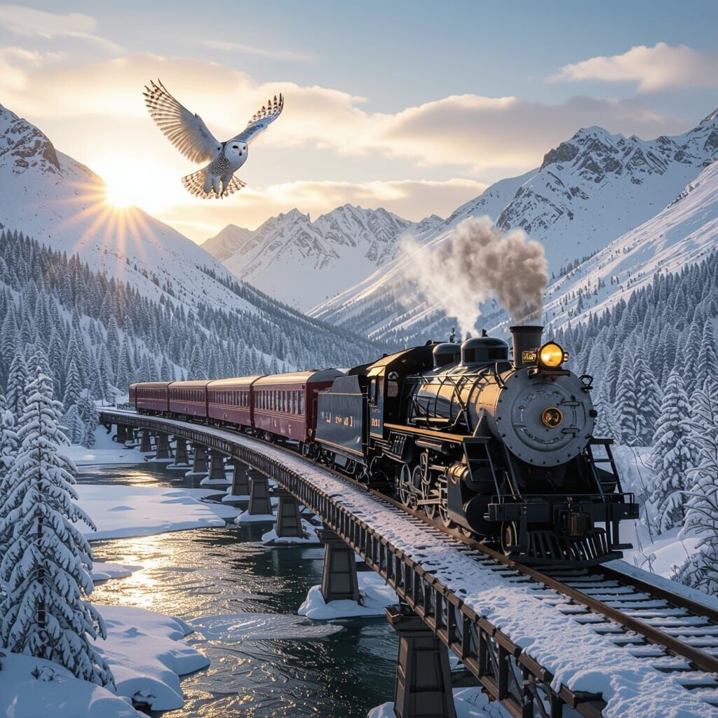 Snowy Owl Flies Over Ornate Train on Snowy Mountain Arch
