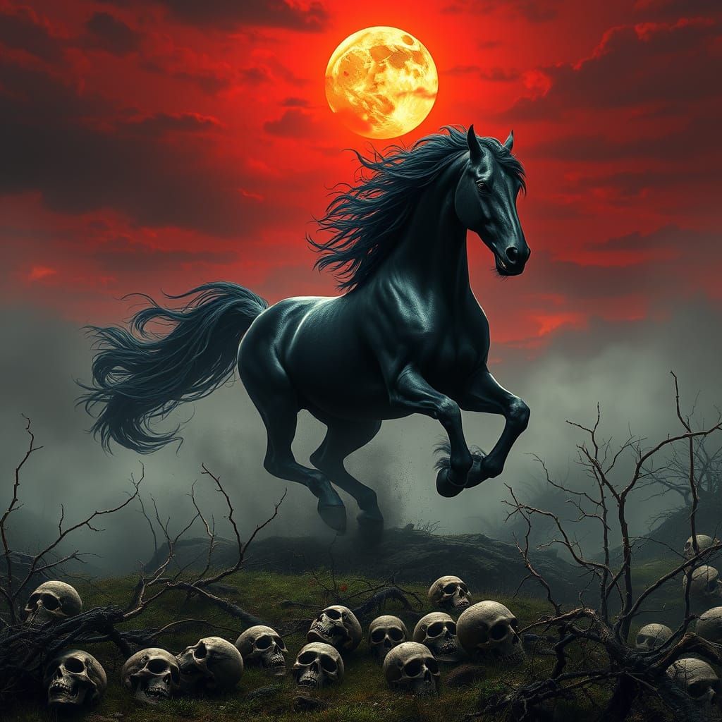 Dark Fantasy Stallion Under Bloody Moonlit Skies