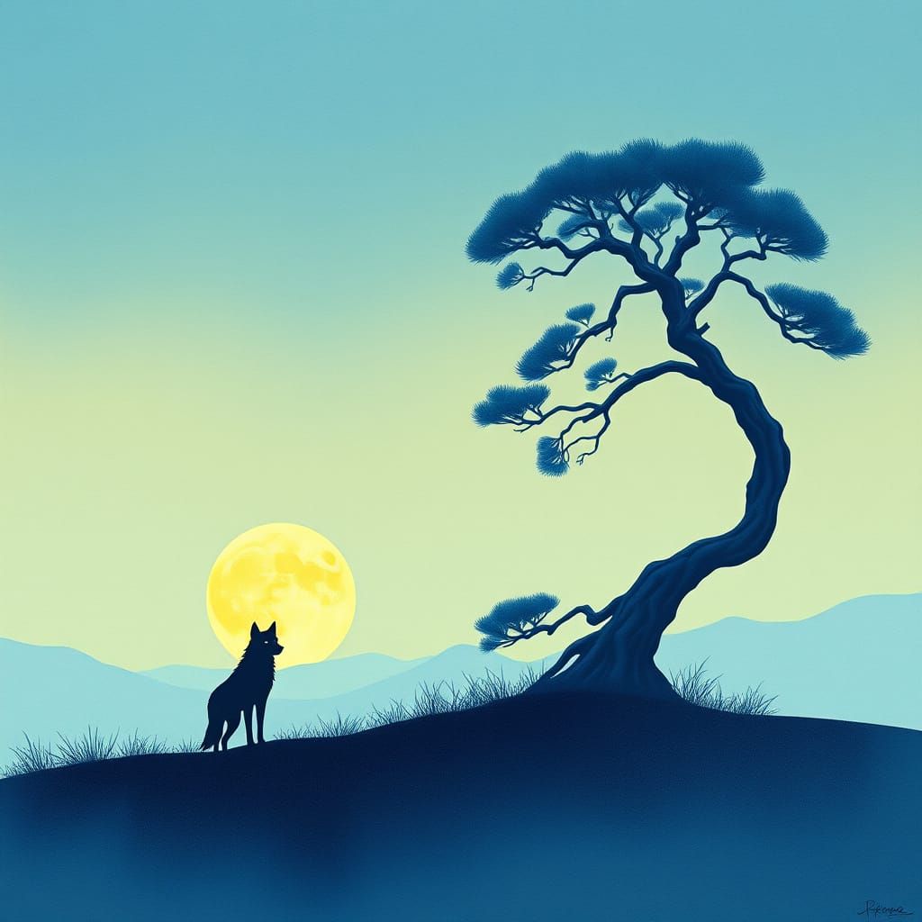 Surreal Lunar Landscape with Silhouette Wolf and Alien Pine