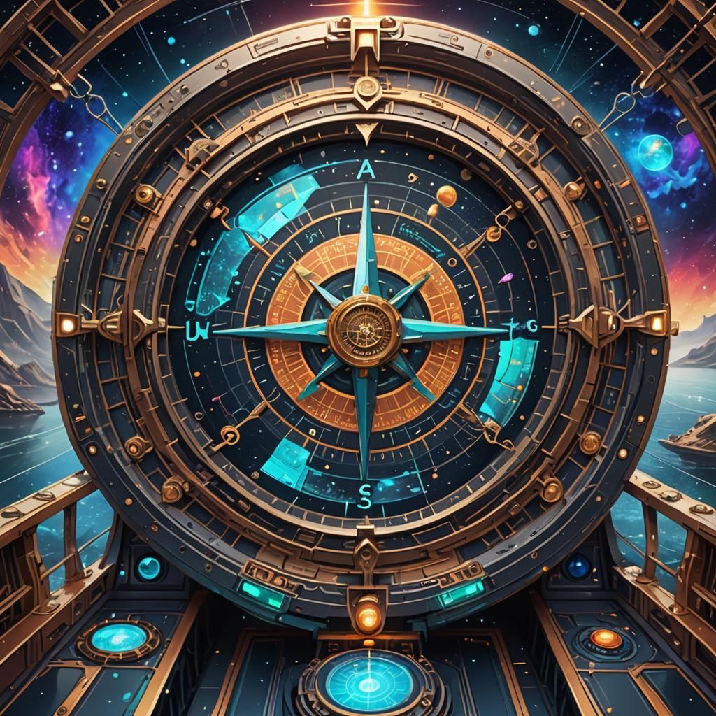 Sci-Fi Compass on Spaceship with Cosmic Holograms