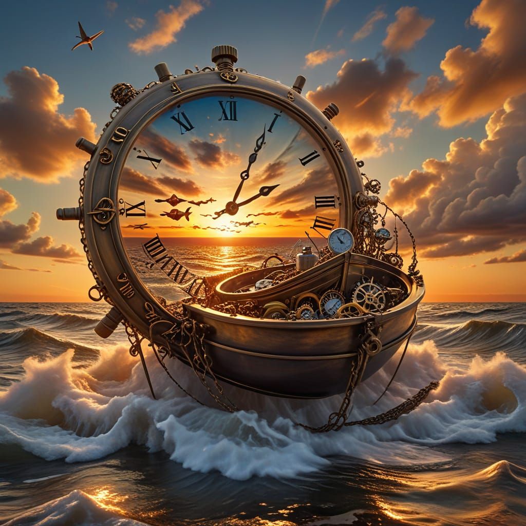 Surreal Fisherman's Dreamscape with Clockwork Sea