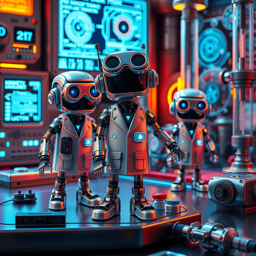 Robotic Toys in Futuristic Lab, Pop Art Style
