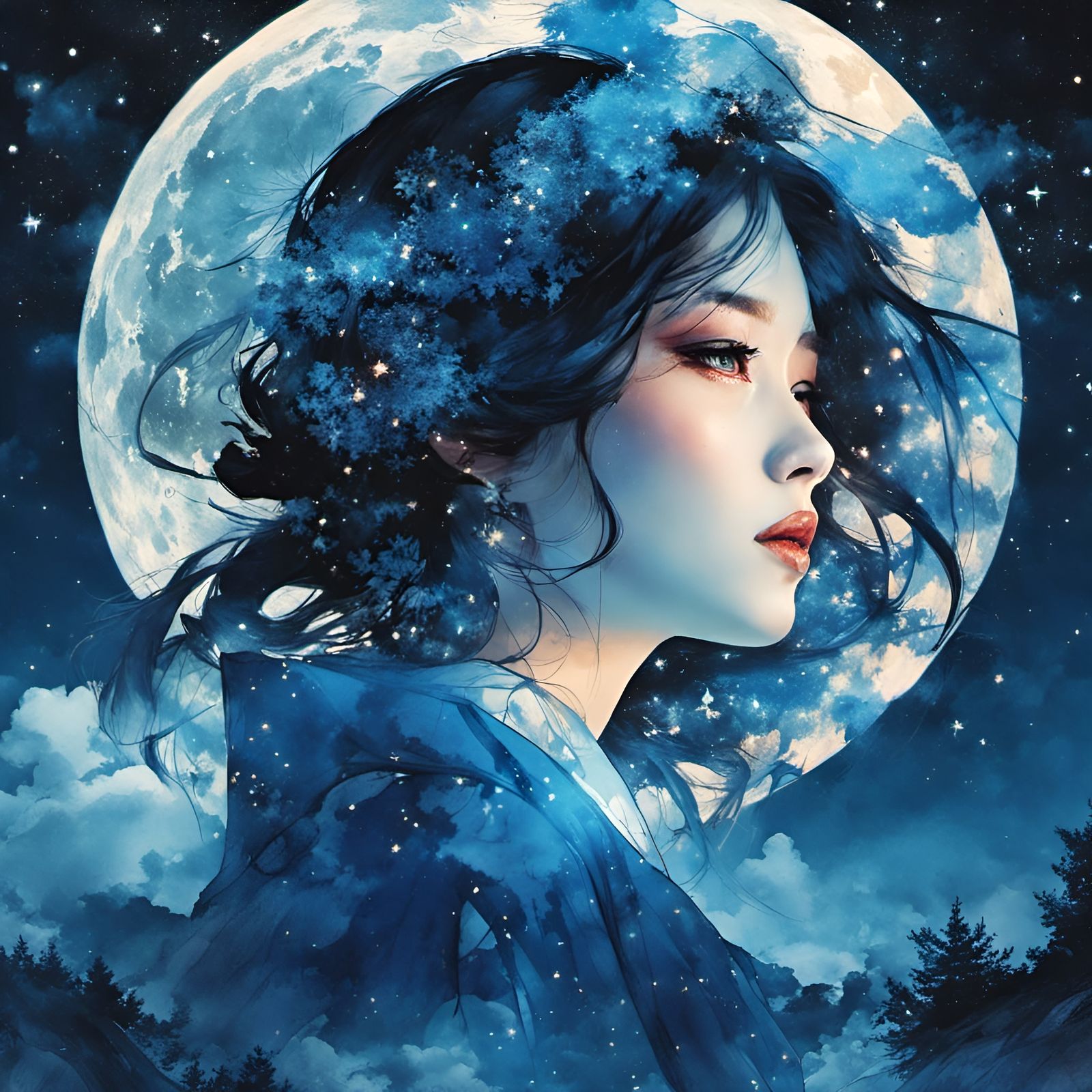 Fantasy Princess Double Exposure Portrait in Manhwa Style