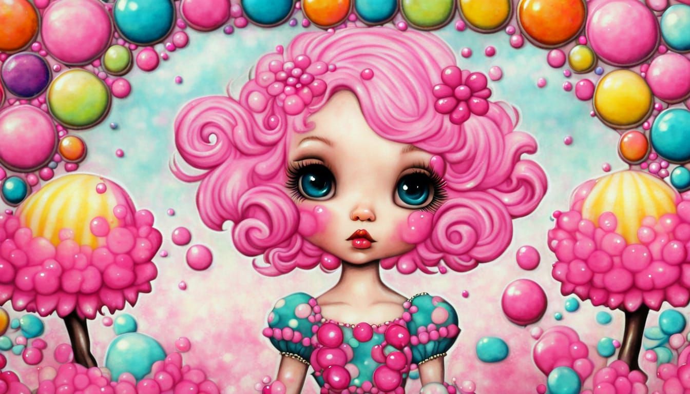 Kawaii Pop Art Fantasy Girl in Bubble Gum Wonderland