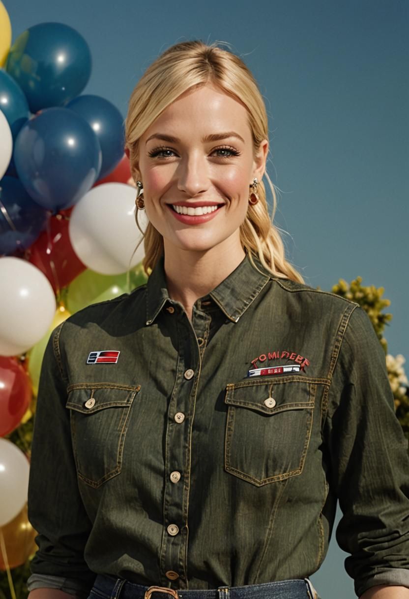 Beth Behrs in Military Uniform Before American Flag
