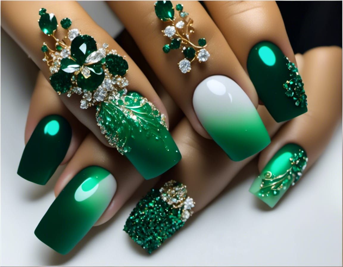 beautiful green decorated acrylic nails