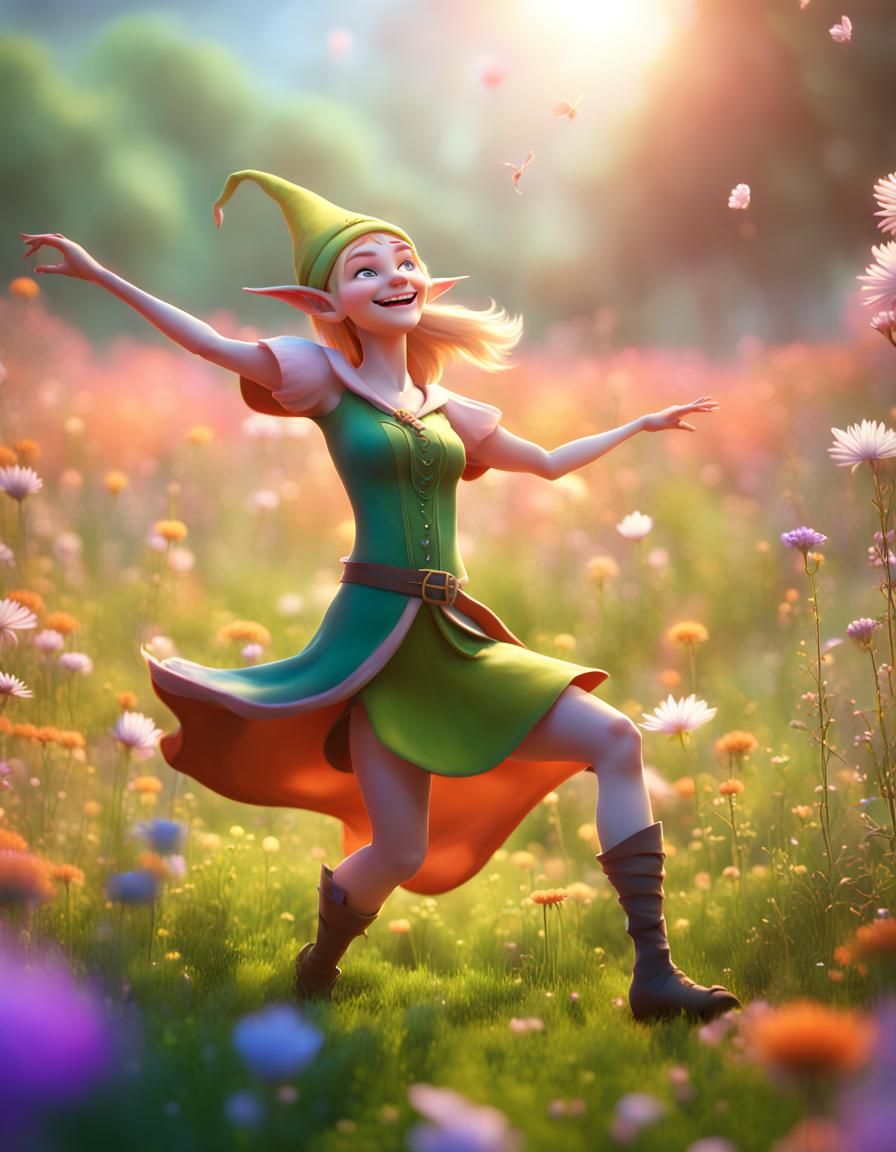 Happy Elf Dancing in Flower Meadow: 3D Digital Art