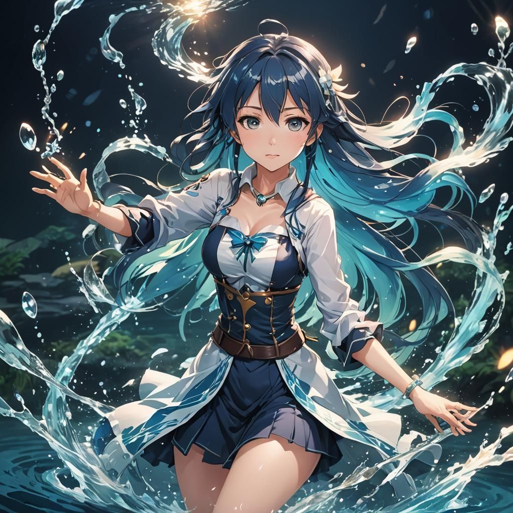 Anime Girl Conjuring Water Magic: Cel-Shaded Manga Art