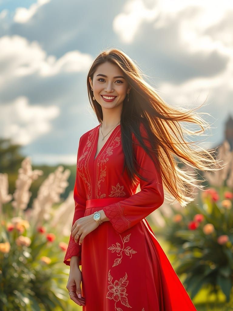 Radiant Woman in Red Silk Dress at Garden Party
