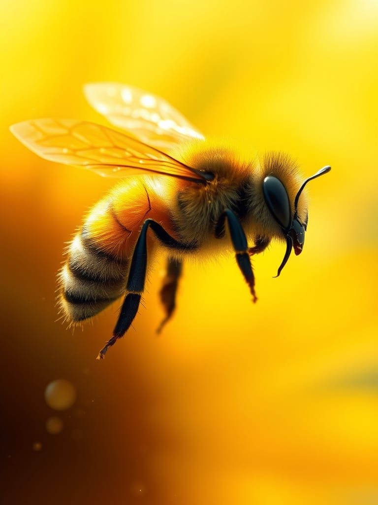 Majestic Bee in Mid-Flight, Surrounded by Vibrant Pollen and...