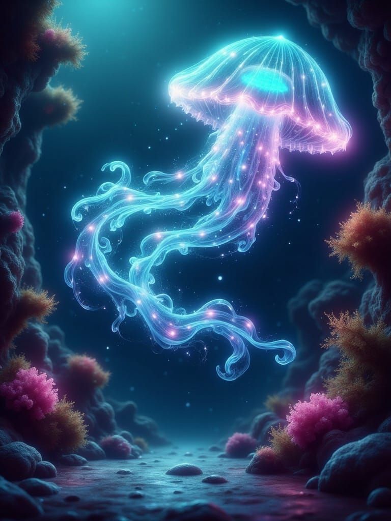 Bioluminescent Jellyfish Floats Through Dark Ocean