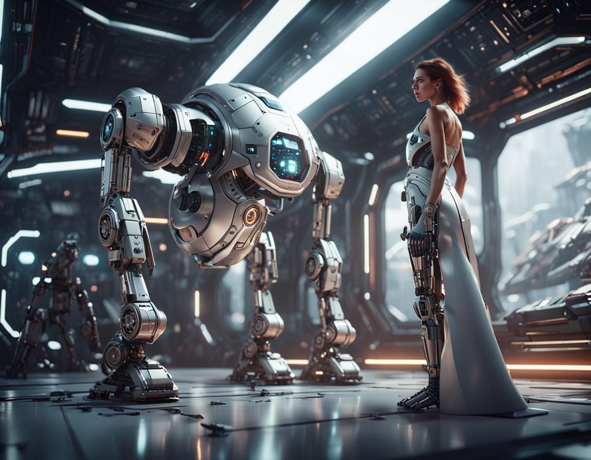 Futuristic Woman in Spaceship with Robot Servants