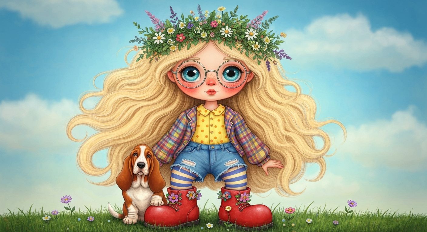Whimsical Illustration of a Woman with Flowers and Basset Ho...