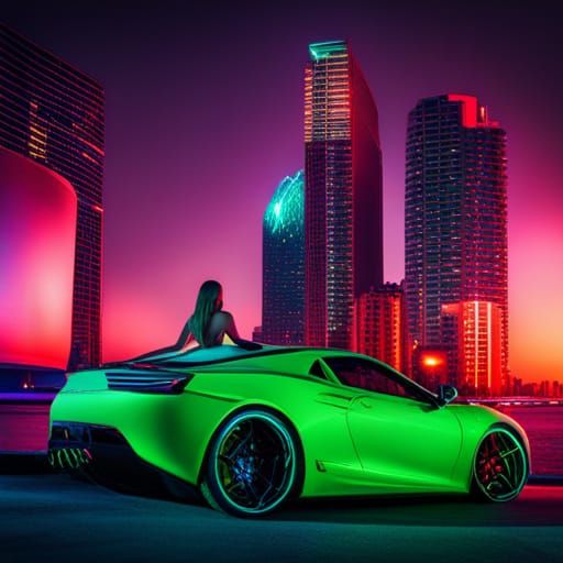Bikini Model with Sports Car in Neon Synthwave Style