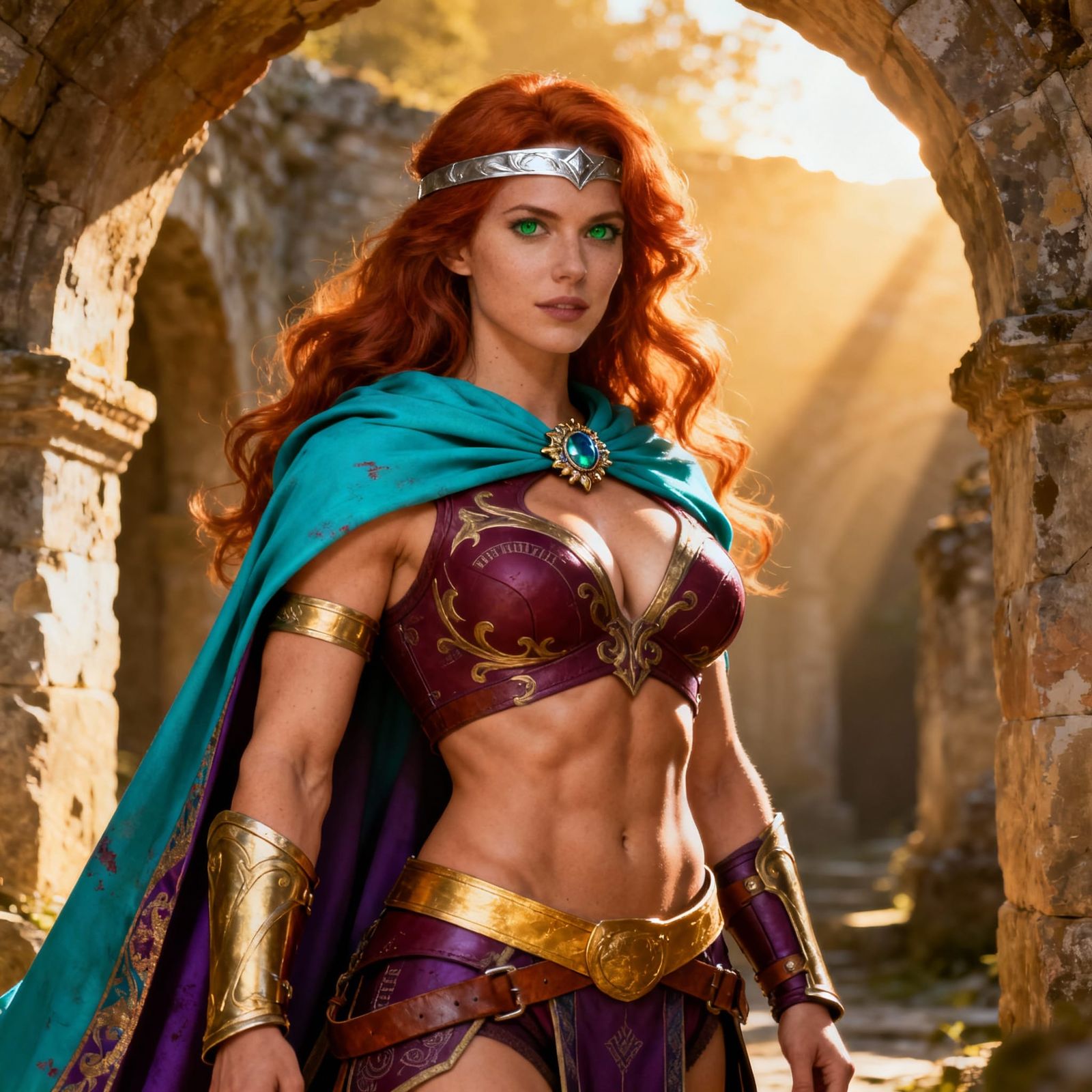 Muscular Warrior Woman in Ancient Archway