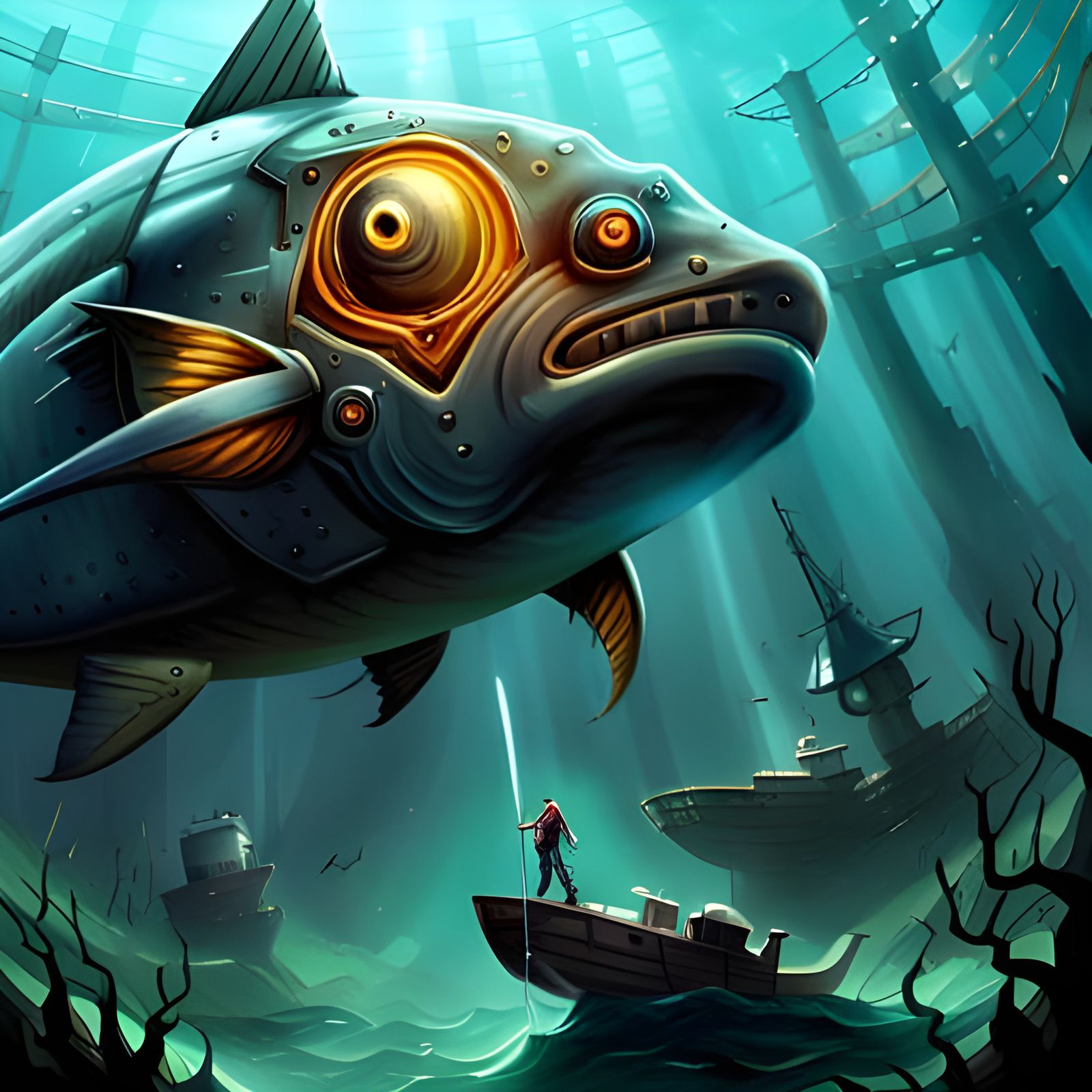 Submarine Escape From Anglerfish in Dark Ocean