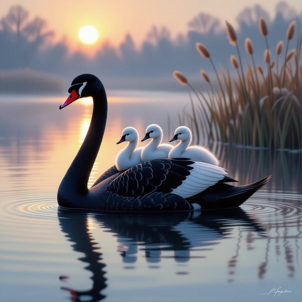 Black Swan Family Gliding on Tranquil Lake at Dawn