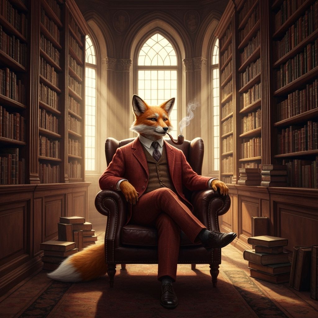 Anthropomorphic Fox in Library, Hyperrealistic Digital Art