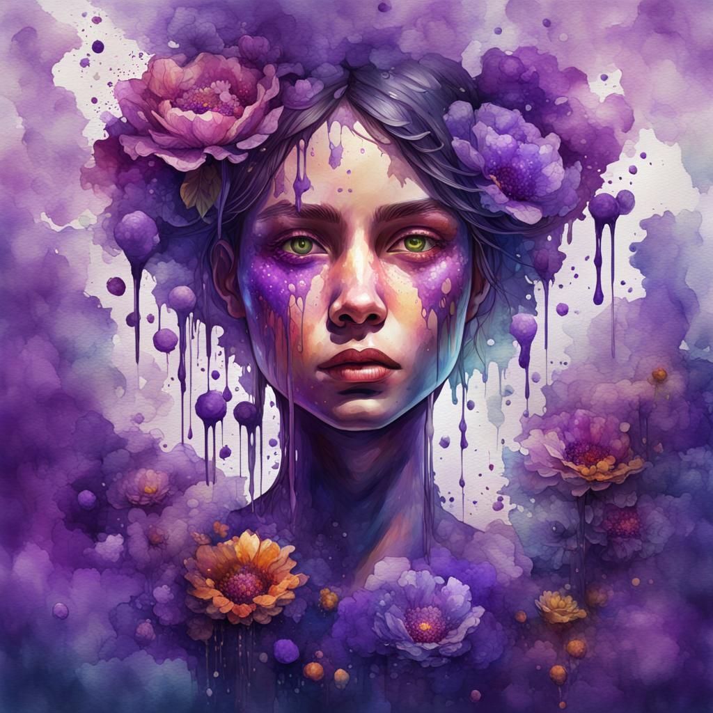 Fantasy Portrait of Girl with Watercolor Flowers