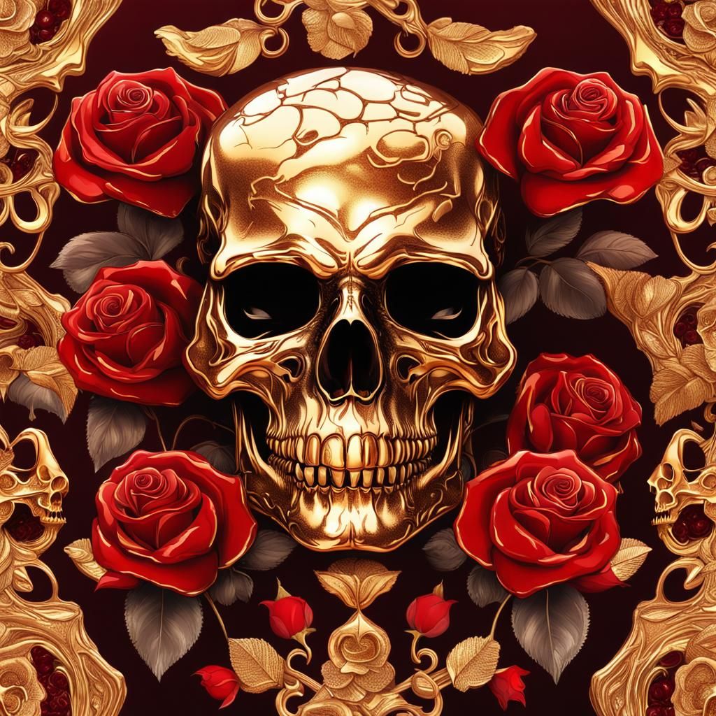 Surreal Gold Skull and Roses in 4K