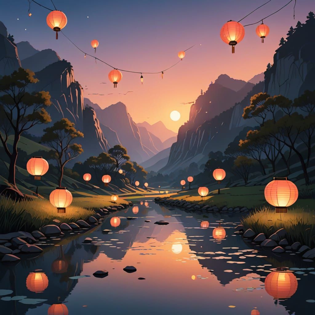 Mystical Valley River Aglow with Paper Lanterns