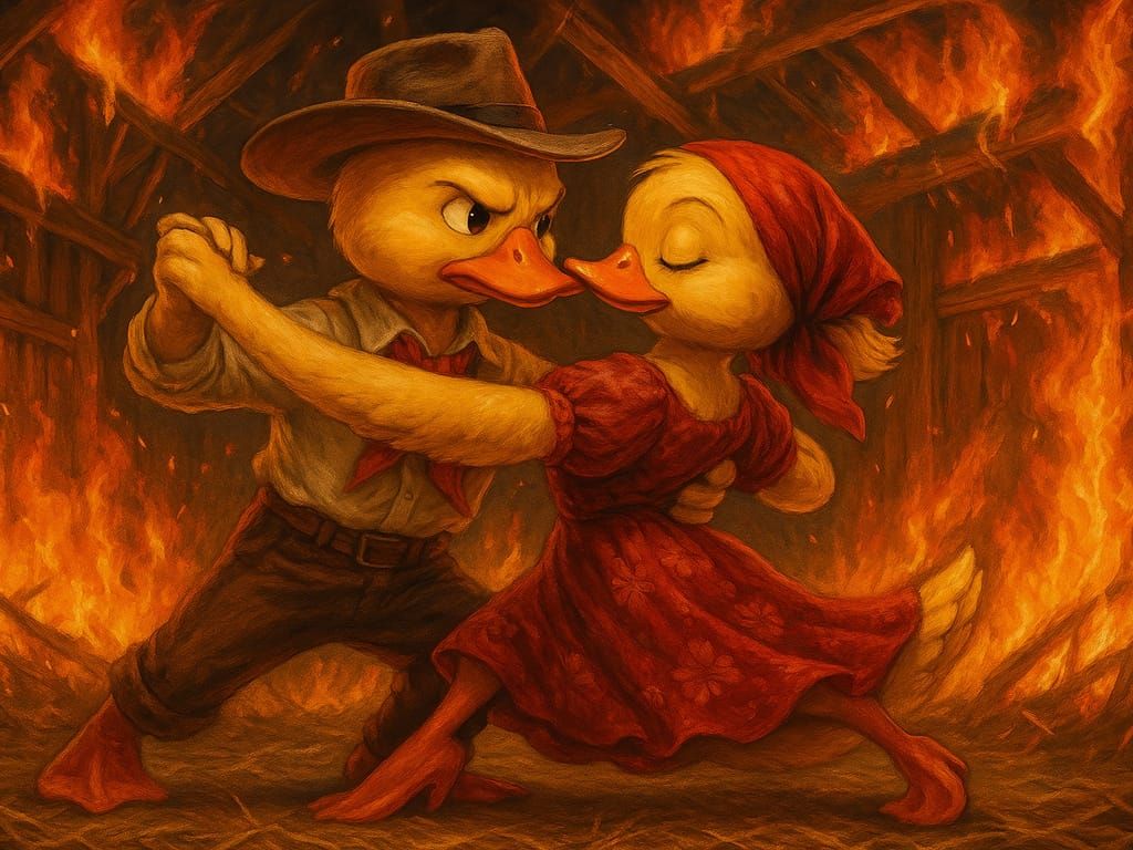 Ducklings' Passionate Tango in Burning Chicken Coop