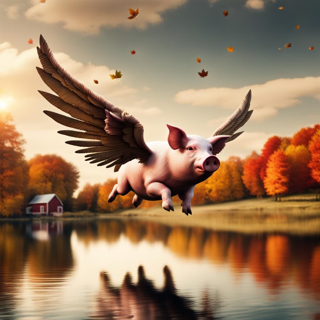 Hyperrealistic Flying Pig Over Autumnal Farm