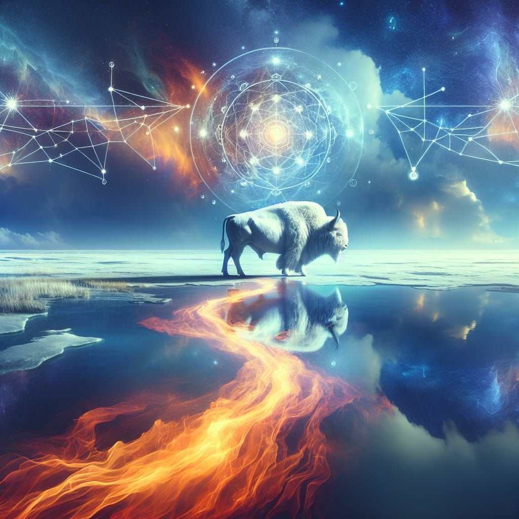 Ethereal Ice Bull Standing Majestic Amidst Celestial Symbols